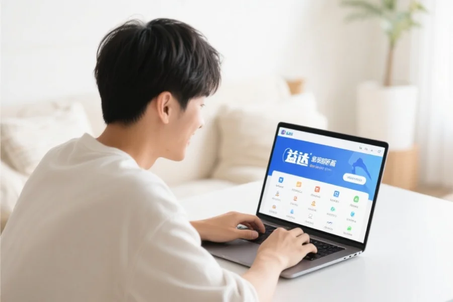 一位年轻用户在明亮舒适的室内环境中愉快地使用笔记本电脑，屏幕上展示富联客户端新版界面